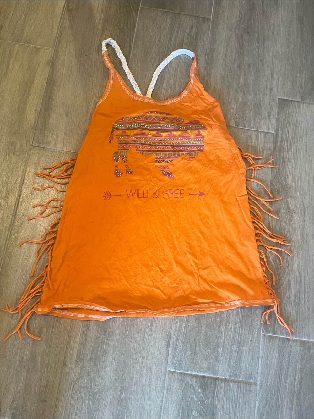 Cowgirl Tuff Orange Fringe Tank with Patterned Bison Graphic
